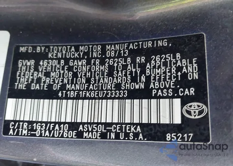 2014 Toyota Camry L z USA, uszkodzony, nr VIN 4T1BF1FK6EU733333